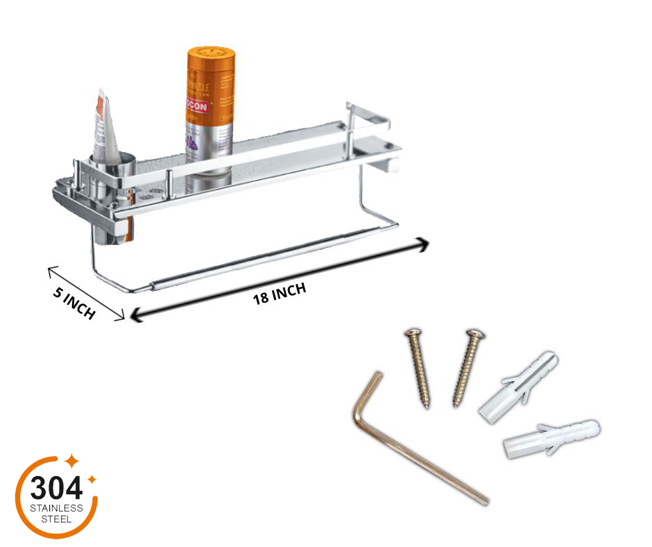 Corridor Design your space S.S.304 MIRROR FINISH SHELF WITH TOOTHBRUSH TUMBLER & NAPKIN HOLDER (18X5 INCH)